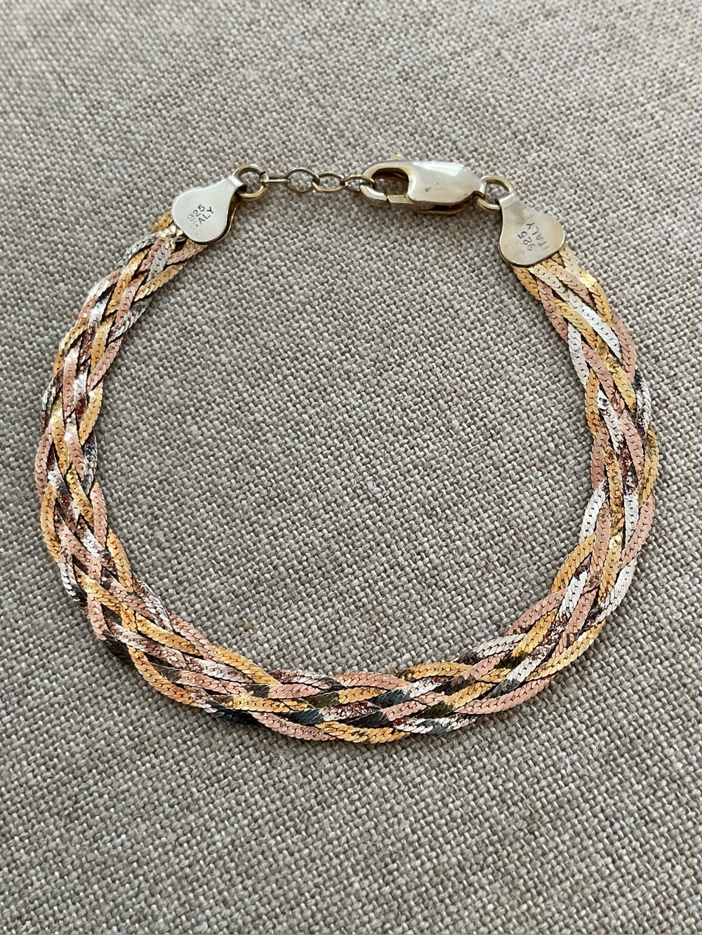 Vintage Italian 925 Sterling Silver Tri Color Braided Bracelet 7”